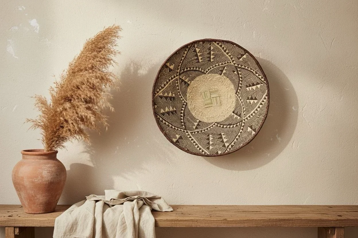 A wooden shelf with a terracotta vase containing pampas grass, a folded cloth, and a woven decorative plate on the wall behind.