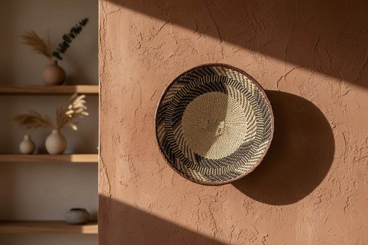A woven decorative bowl with a zigzag pattern hangs on a pink textured wall, casting a shadow.