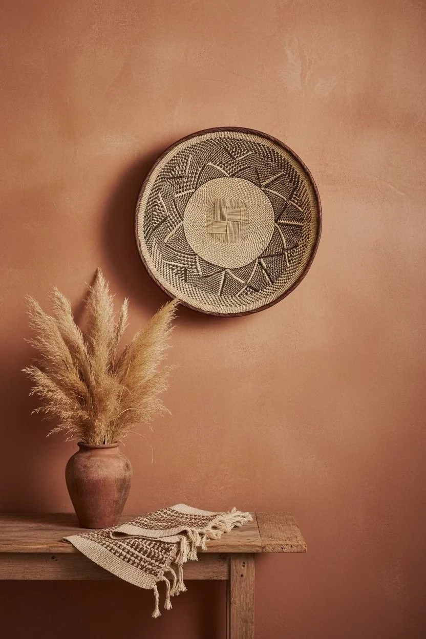 A wooden table with a beige and brown woven cloth, a clay vase with dried pampas grass, and a wall decoration with a swastika symbol inside a circular pattern.