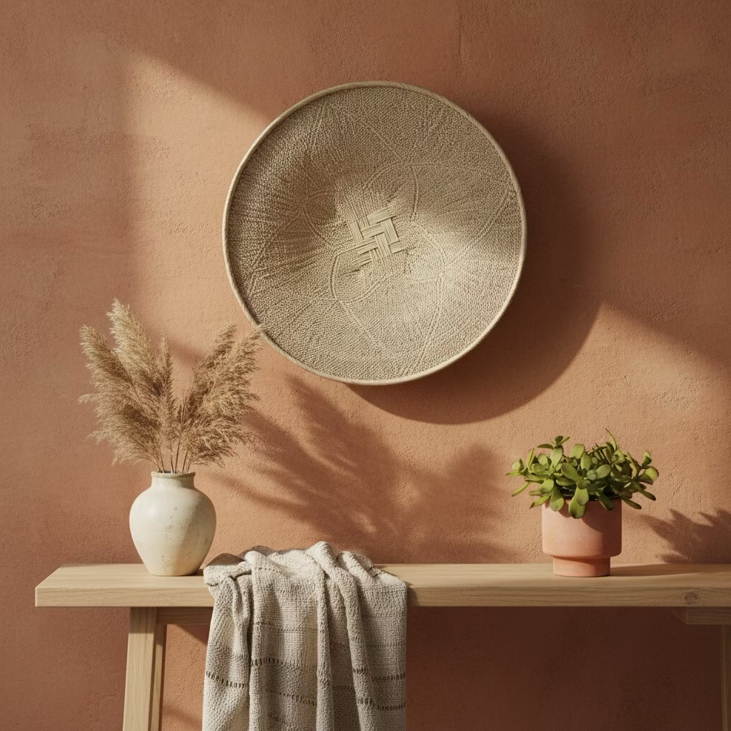 Decorative wall hangings with a round, textured basket and a soft shadow on a pink textured wall. Below are a cream vase with pampas grass and a pink pot with a green succulent plant on a wooden shelf, with a gray and white striped cloth draped over 