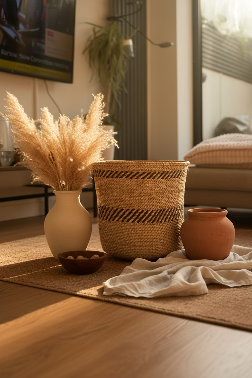 Decorative vases with pampas grass and a bowl on a beige rug in a cozy living room with sunlight streaming in