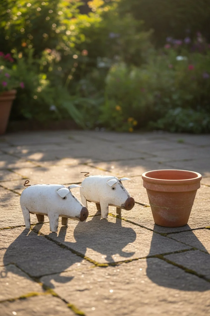 Two metal pig garden ornaments with wire tails and a terracotta flower pot on a stone patio, sunlight casting shadows, garden with plants in the background.