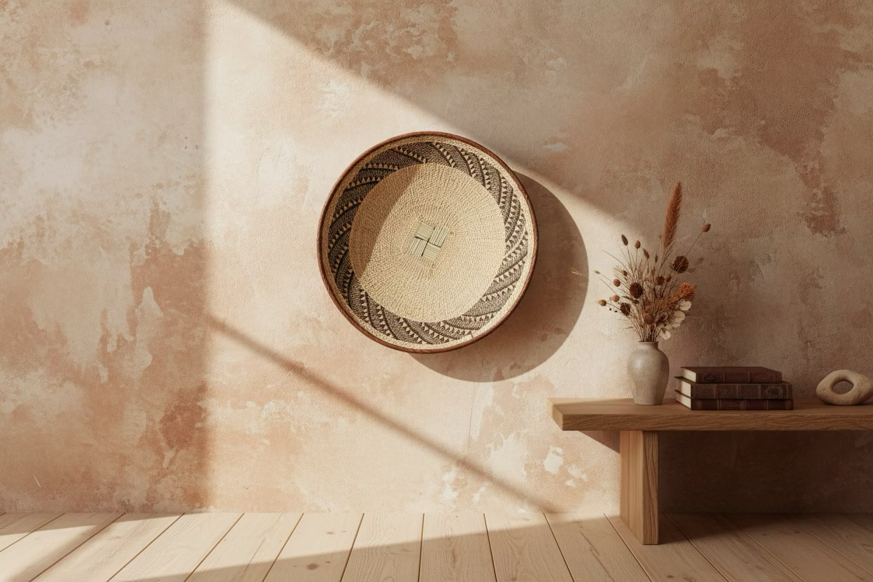 Decorative woven basket on a textured beige wall with a wooden shelf holding a vase with dried flowers, three books, and a decorative stone object.