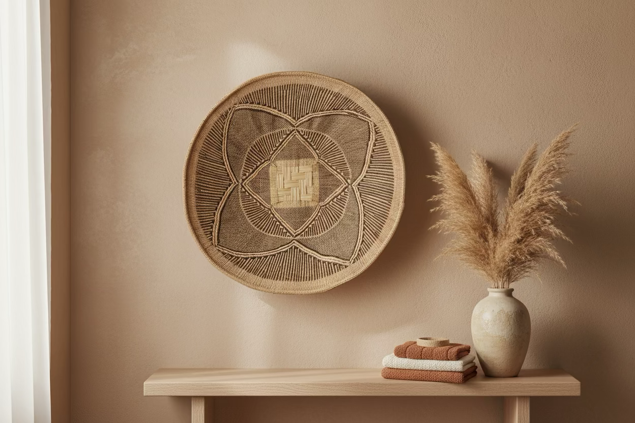 Decorative woven wall hanging, beige vase with pampas grass, and a stack of folded towels on a light wooden shelf, against a beige wall.