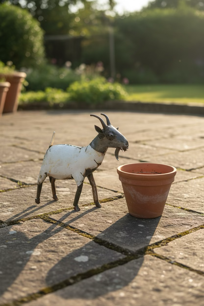 A metal toy goat with black horns and a white body positioned on a stone patio, facing a small empty terracotta flowerpot, with long shadows cast by the late afternoon sunlight.