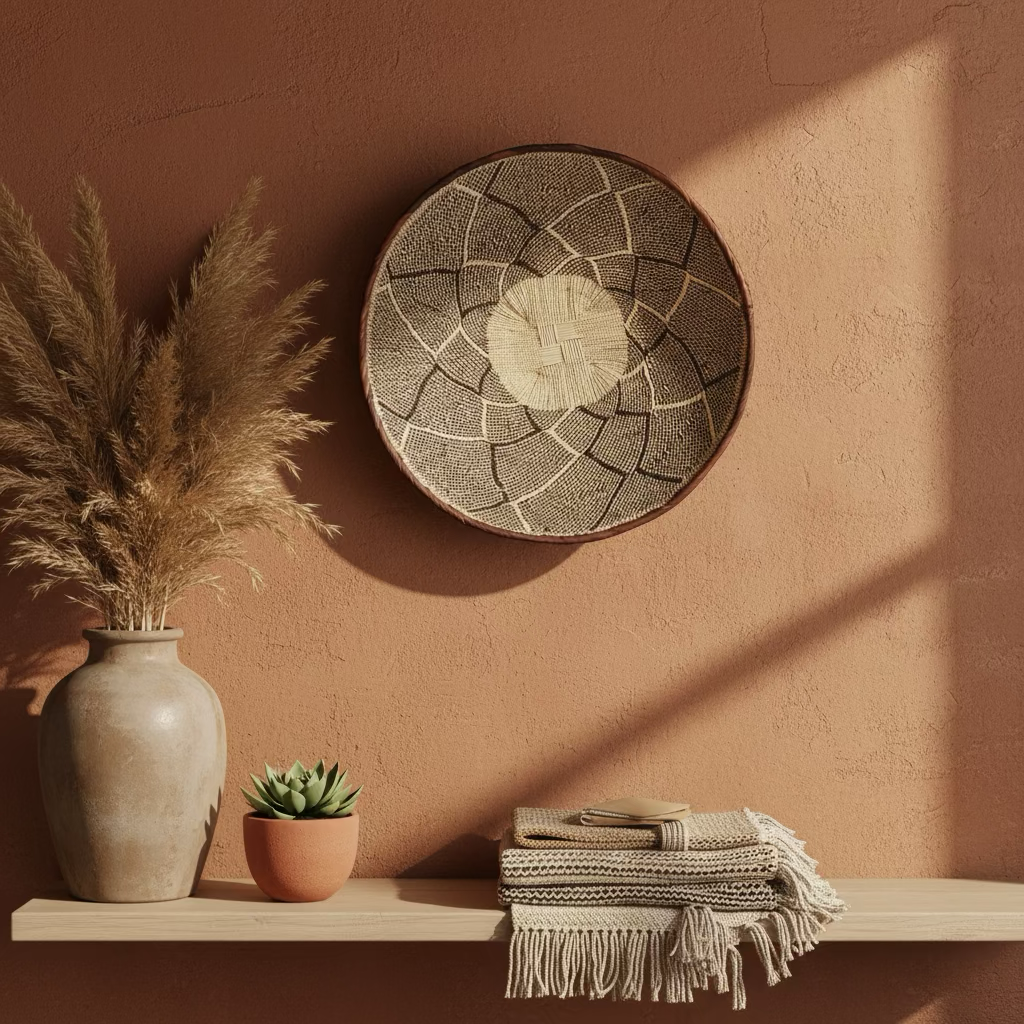 Decorative interior wall with a round art piece resembling a cracked tree trunk cross-section, beige and brown tones, a large vase with pampas grass, a small potted succulent, and a stack of textured cloth napkins on a wooden shelf, warm natural ligh