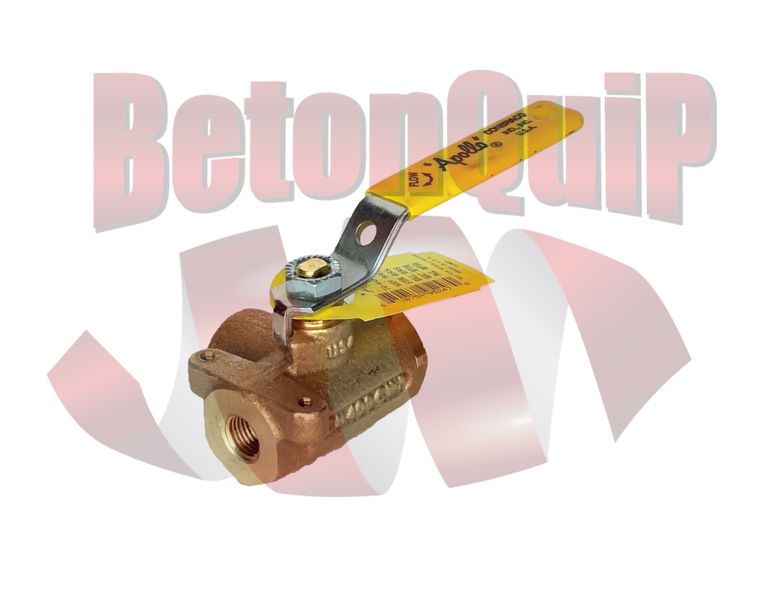 A brass valve with a yellow tag attached that reads 'Flow' and 'Contains' in black text, against a white background.