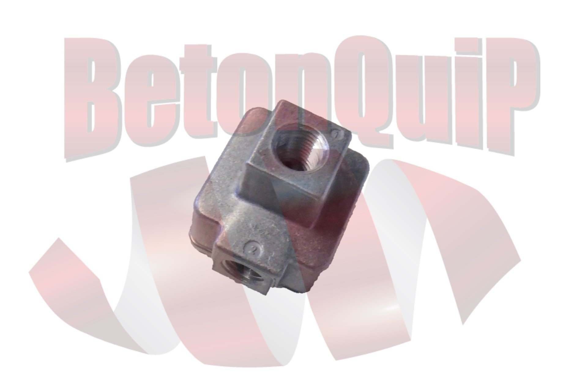 A metal mechanical component with a square shape, threaded hole, and bolt hole, placed against a background with the word 'Reboot' partially visible in stylized text.