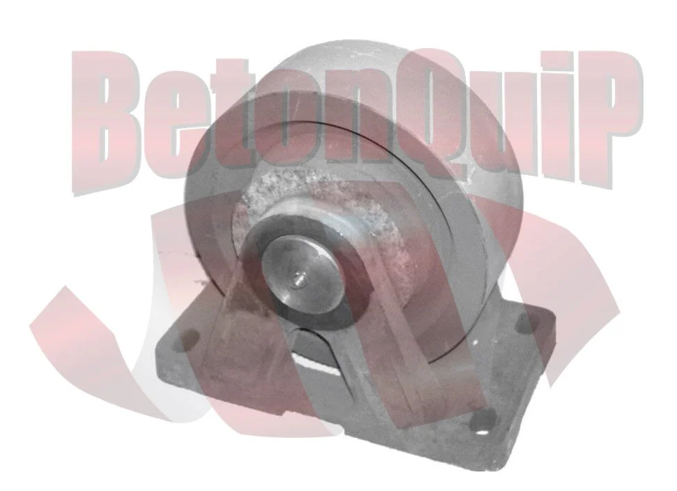 A metal motor mount with a round, silver motor attached to a base with four mounting holes.