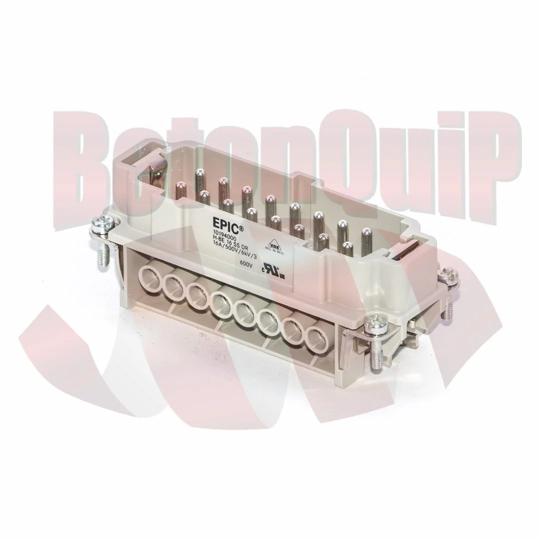 Electrical terminal block connector with multiple screw terminals and pins, labeled EPIC, used for wiring connections.