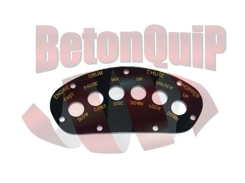 A black plastic control plate with various labeled switches and buttons for a start/stop system, including labels such as 'ENGINE,' 'FAST,' 'SLOW,' 'PAUSE,' 'CONT,' 'MIX,' 'UP,' 'DOWN,' 'LOCK,' 'CHUTE,' 'HOPPER,' and 'UNLOCK.'