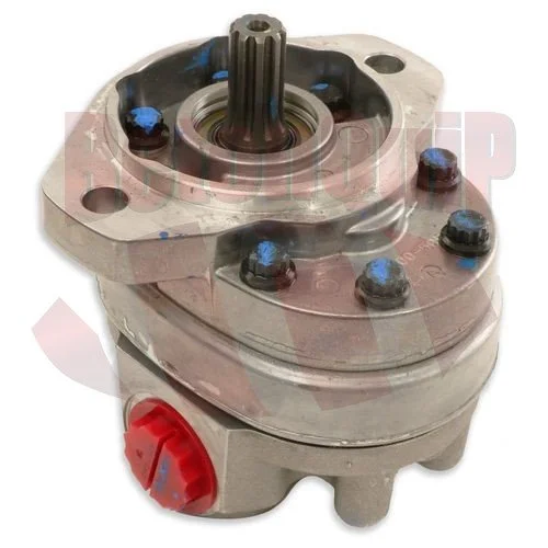 A mechanical hydraulic pump with a metal body, multiple bolts, and a red adjustment knob.