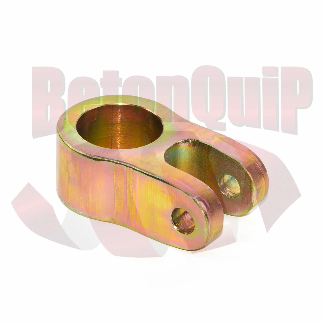 A metal clevis with a shiny, iridescent finish and two holes for mounting.