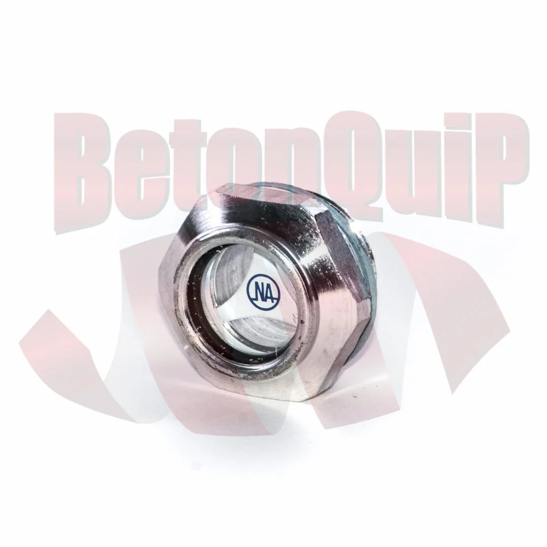 Metal wheel nut with NA logo on the center, isolated on white background.