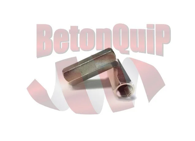 Metal pipe fitting with threaded opening on a white background, partially covering a pink and gray 'BetonQuip' logo.