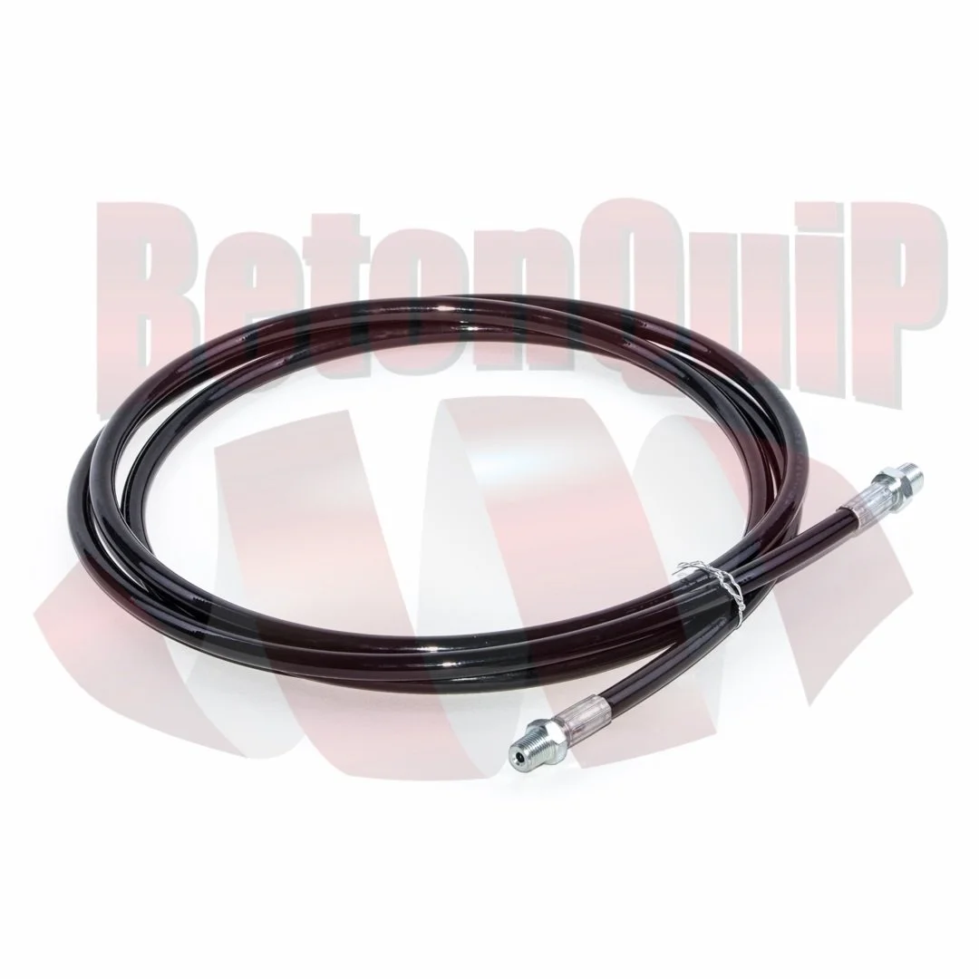 A coiled black hydraulic hose with metal fittings on each end.