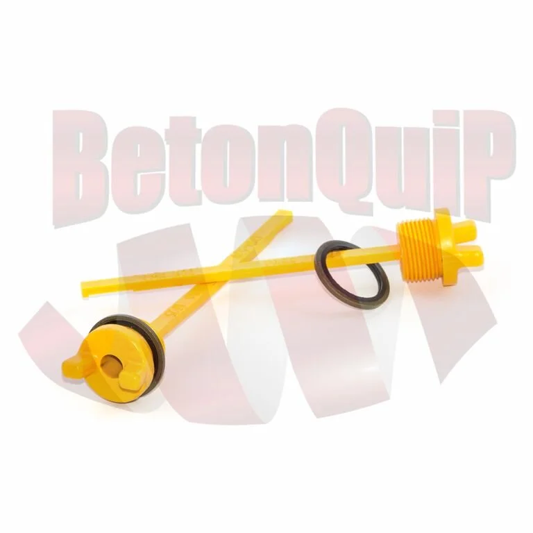 Yellow plastic tool with a adjustable arm and a black rubber ring, used for concrete testing, with the logo 'BetoQuip' in the background.