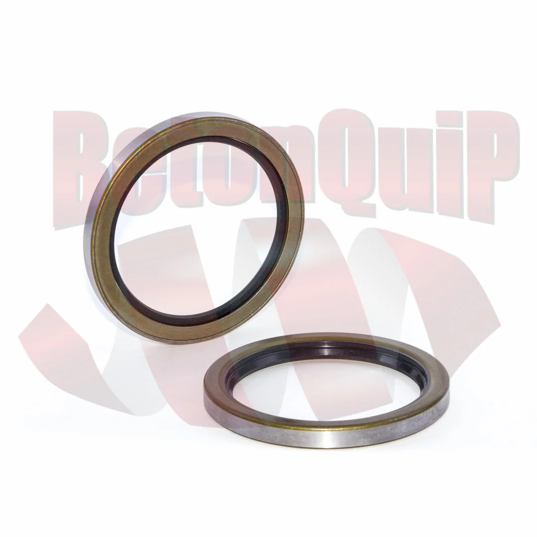 Two circular metallic seals or gaskets, one positioned upright and the other lying flat, against a blurred background with red text.