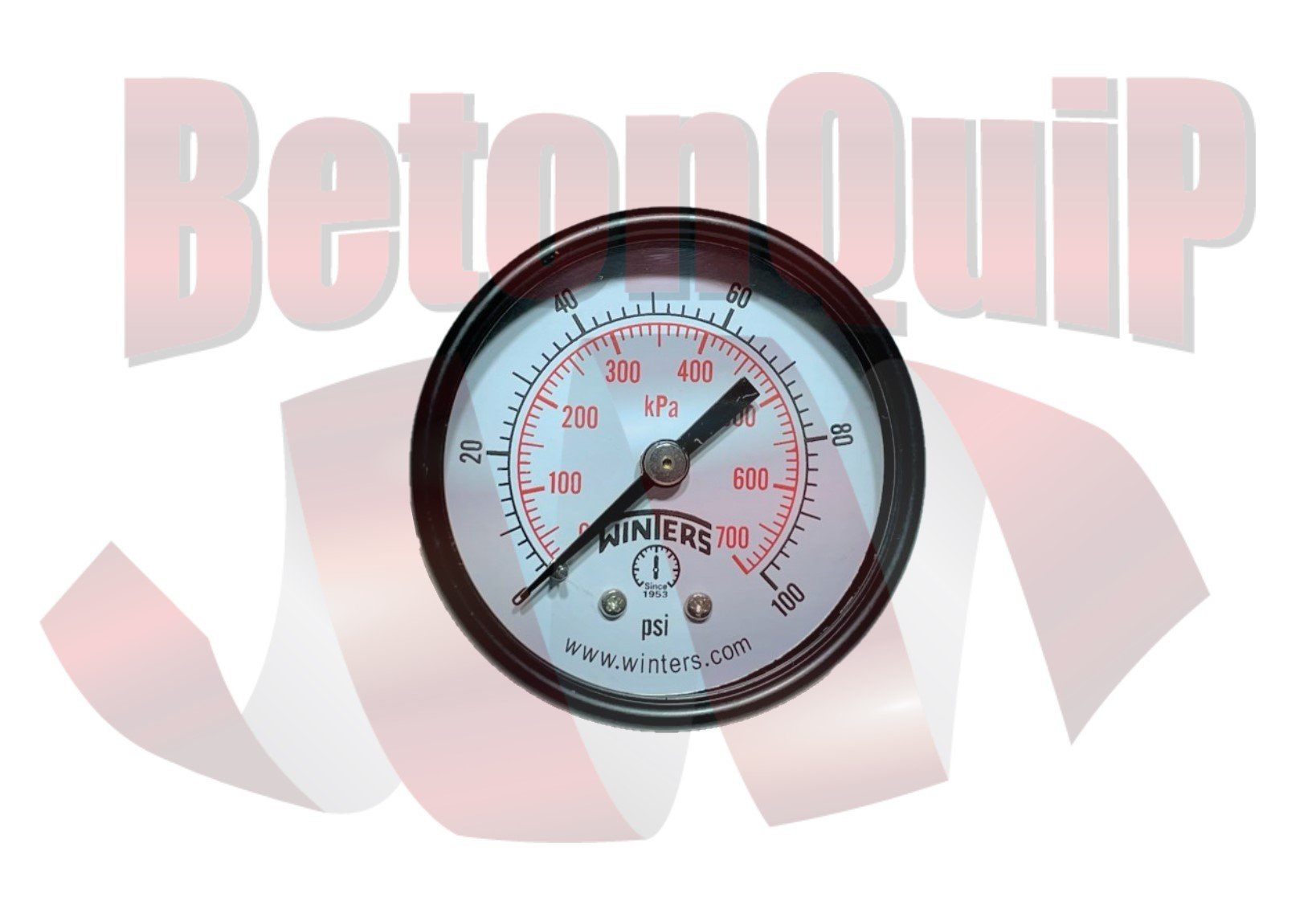 A pressure gauge measuring in psi and kPa, with a needle pointing to approximately 30 psi, branded Winters, with a background of a red and white logo reading 'BalanceUp.'
