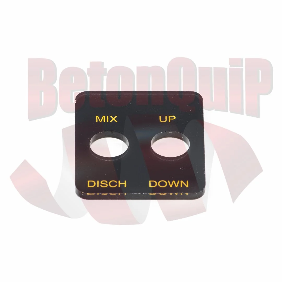Black square control panel with four yellow-labeled buttons: 'MIX', 'UP', 'DISCH', and 'DOWN', each with a circular hole in the center.