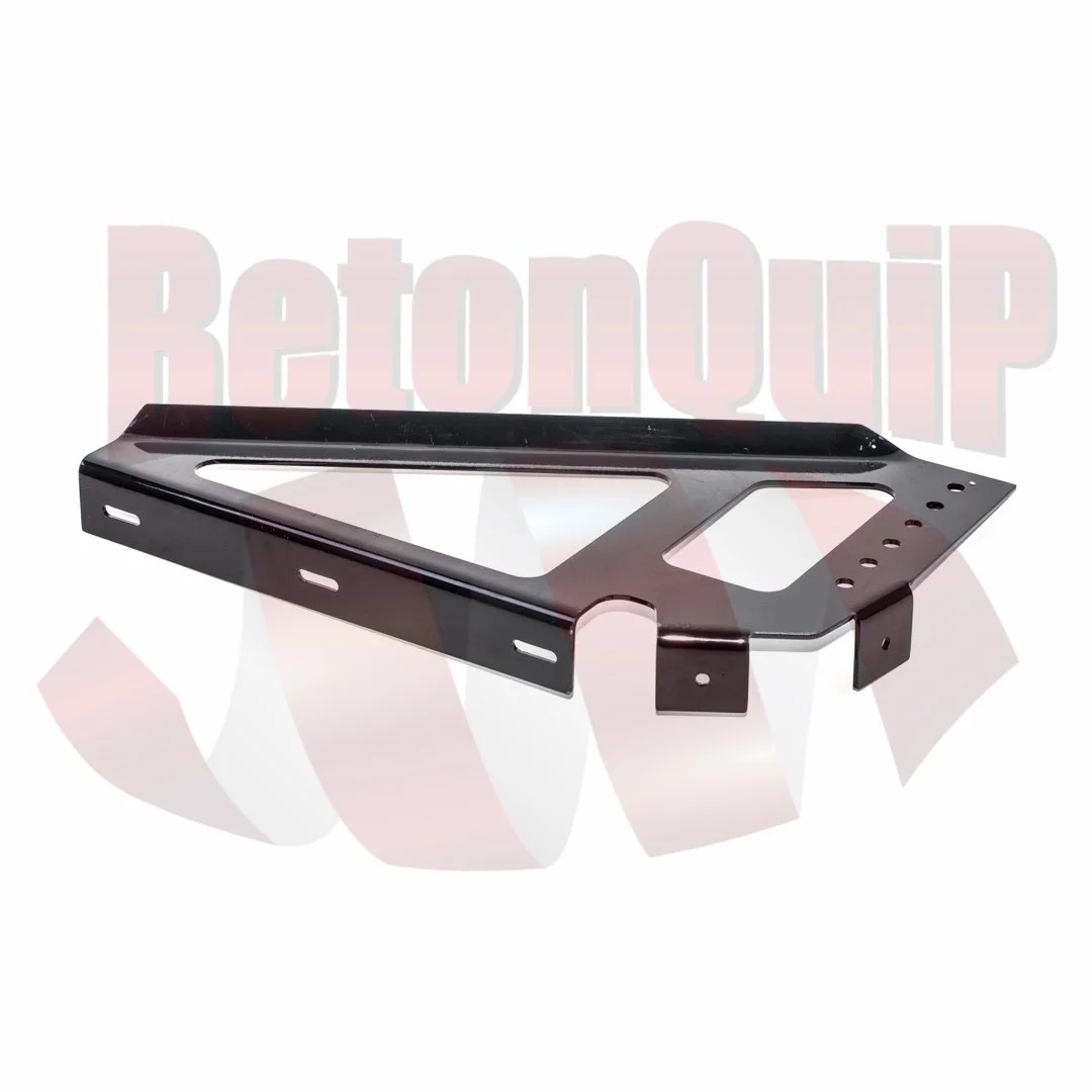 A black metal bracket with multiple holes and slots, typically used for mounting or support in assembly or construction.