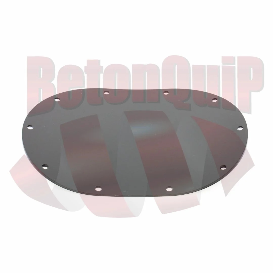 A black, oval-shaped metal cover with multiple bolt holes around the edges.