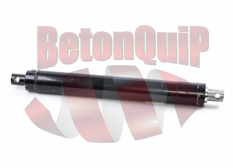 A black hydraulic cylinder with metal fittings on each end, isolated on a white background.