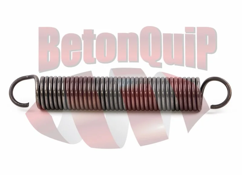 A metal coil spring with black and red segments, with hooks on both ends, on a white background with a faint BetoniQuip logo behind it.