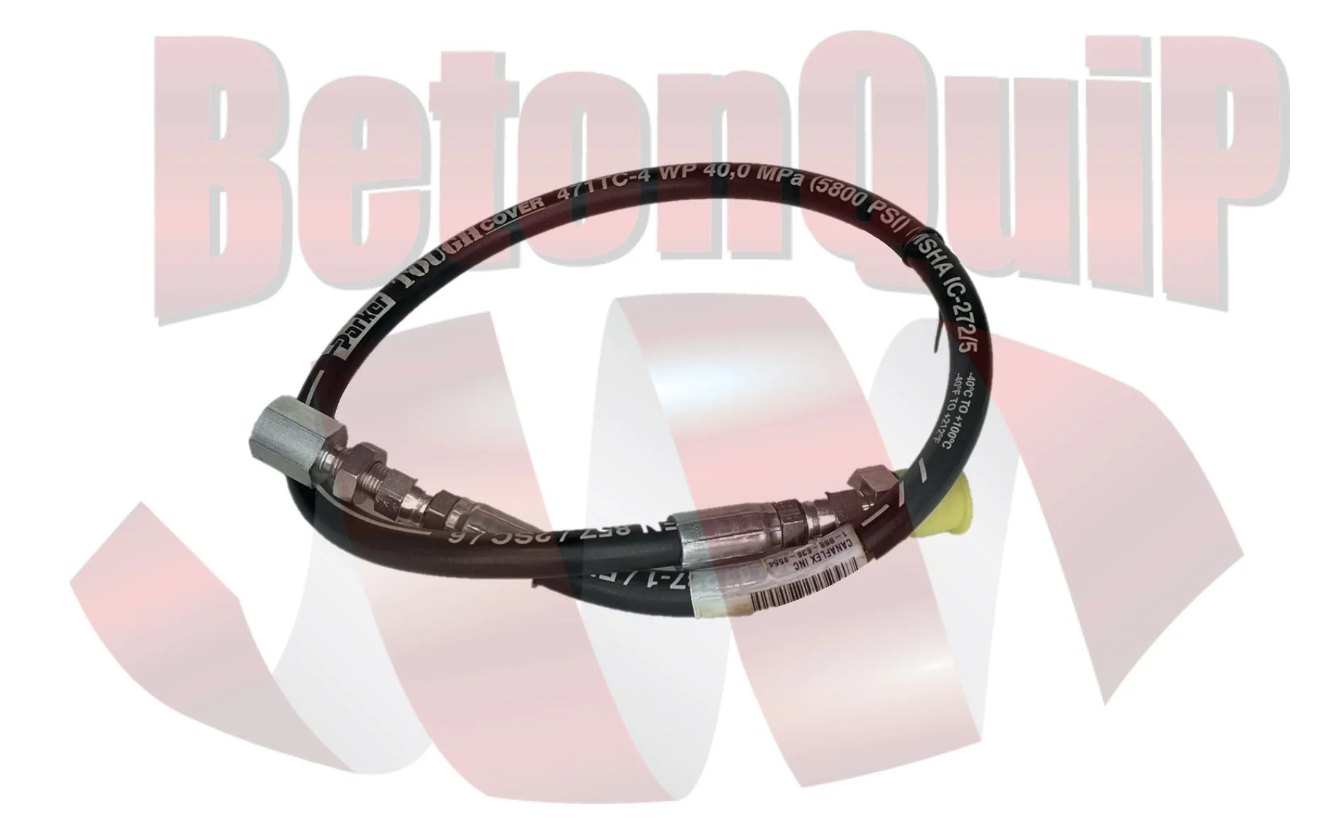 A black and silver hydraulic hose with metal fittings and a yellow protective cap at one end, lying on a white background with a faint red and gray 'Bedding' logo behind it.
