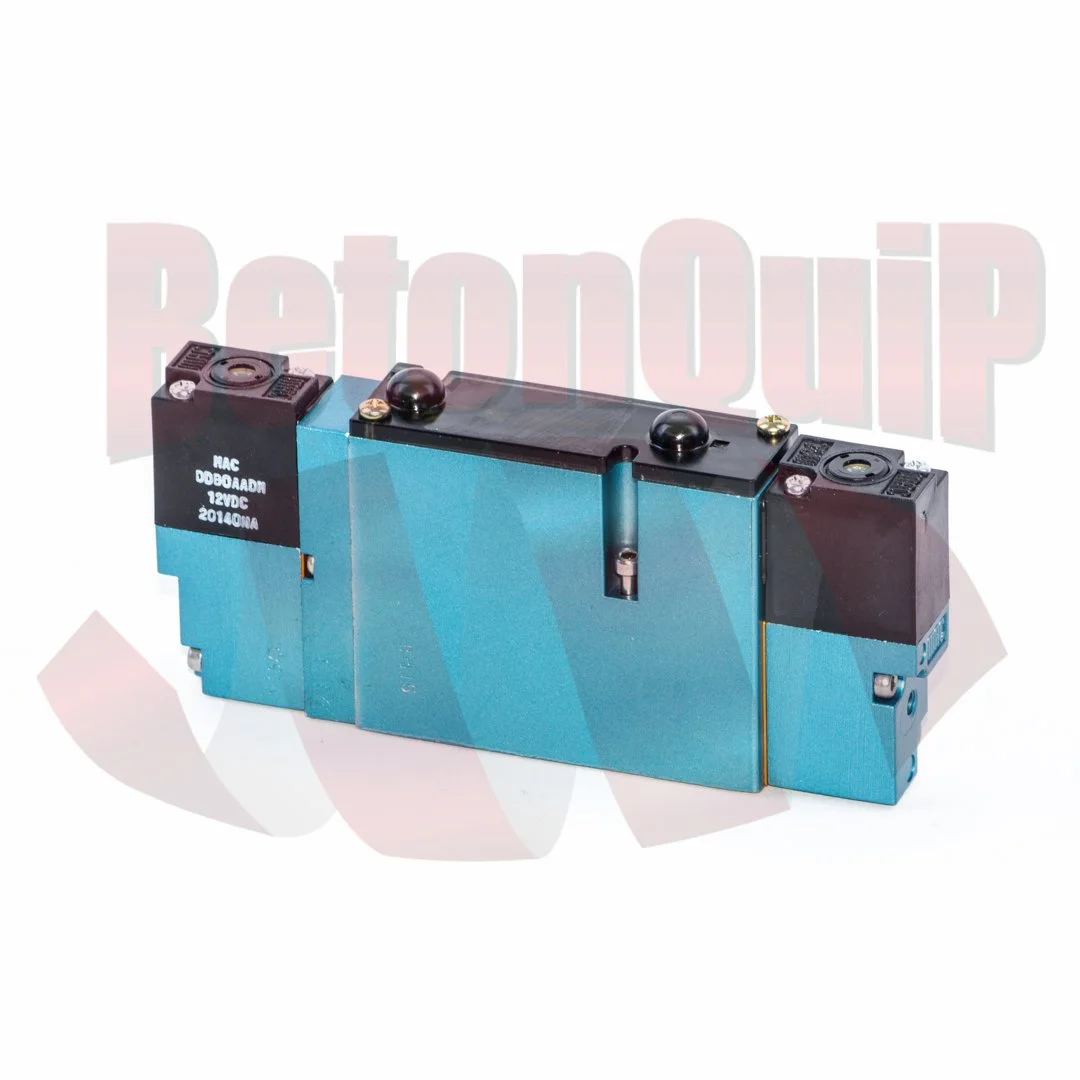 A blue industrial pneumatic cylinder with black end caps and mounting hardware.