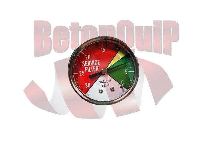 A vacuum pressure gauge with red, yellow, and green zones, showing pressure in inches of mercury, with a background text "BetonCup".