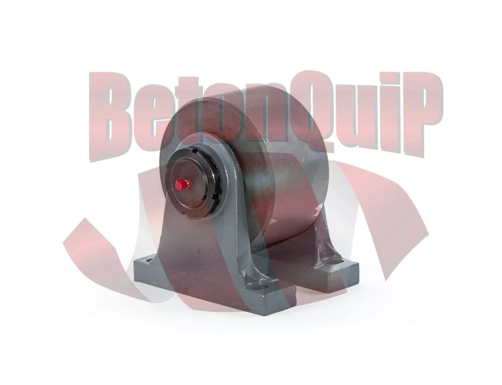 A grey industrial roller with a black metal core, mounted on a grey metal base, with a red plastic cap on the end, against a white background with red text that reads 'BoltOnQuip'.