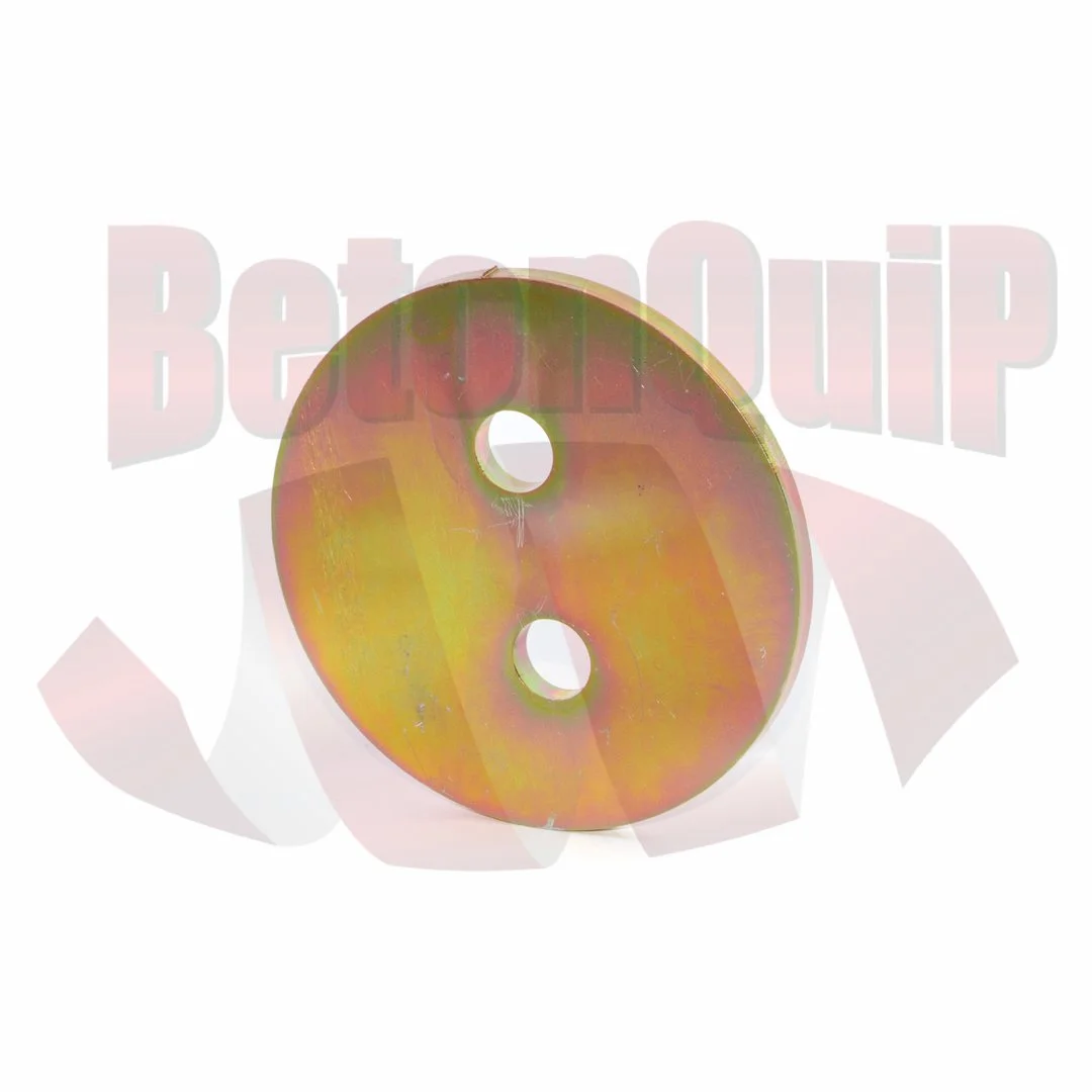 A round metal disc with two holes, possibly a washer or spacer, with a yellowish iridescent finish.