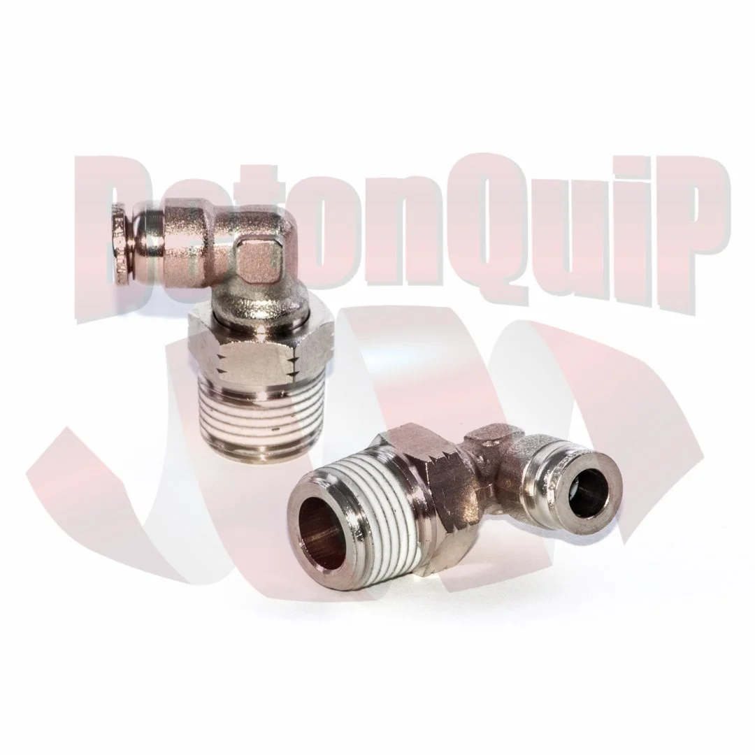 Two metal plumbing fittings with threaded ends and elbow shapes on a white background.