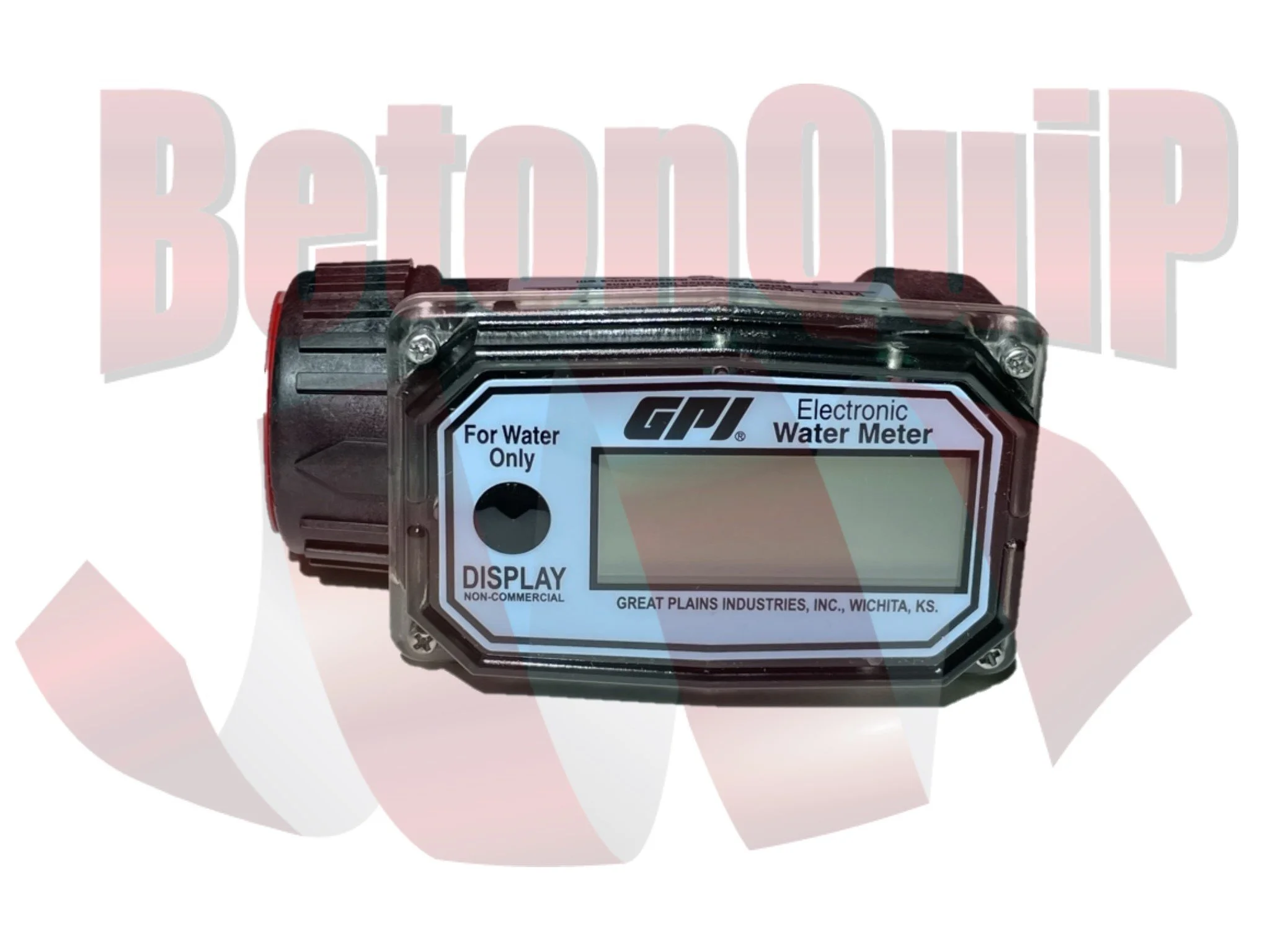 Close-up of an electronic water meter with a digital display and a transparent protective cover.