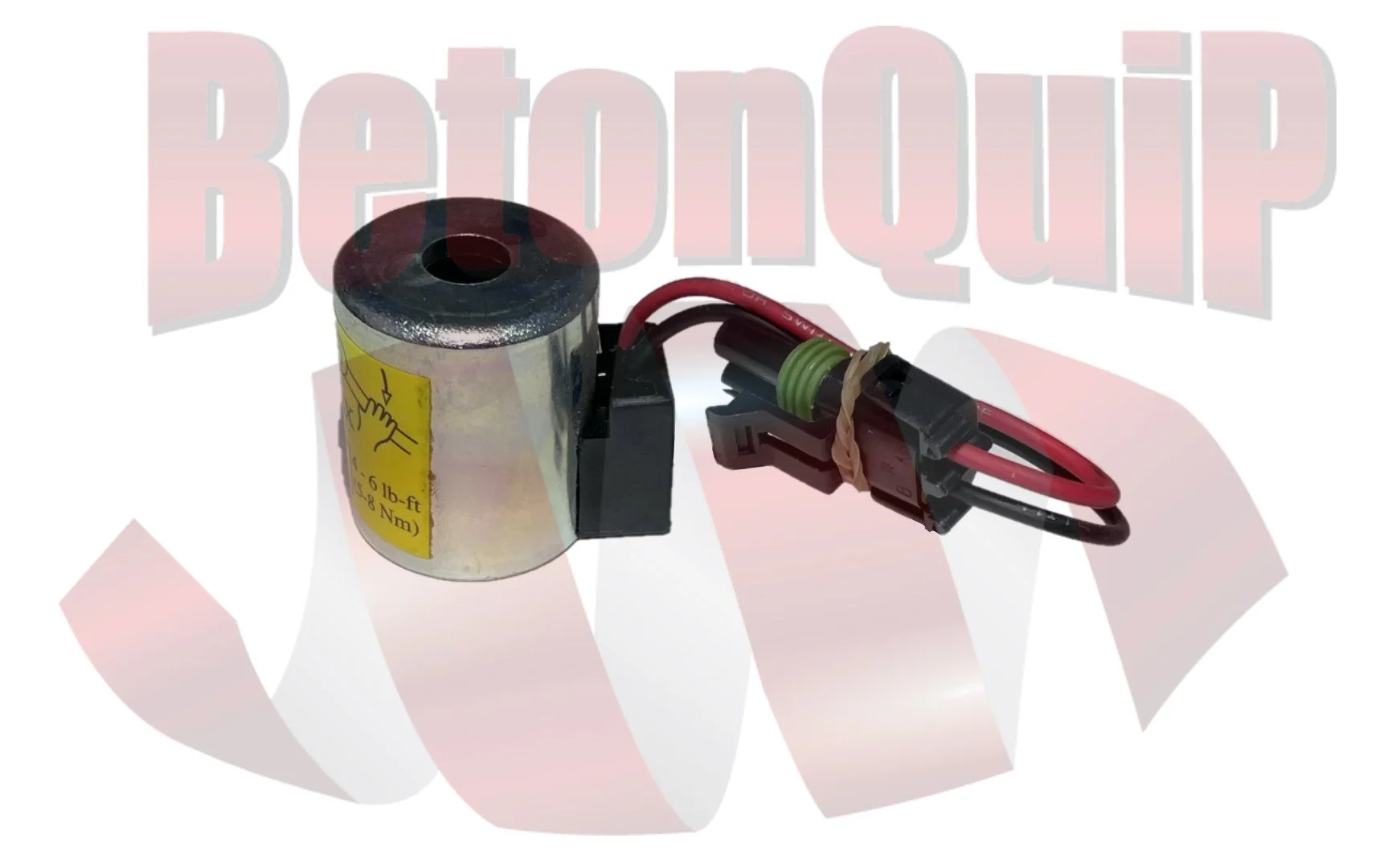 Small electric motor with a yellow warning label, attached to a black connector with red and black wires, tied with a rubber band on a white background.