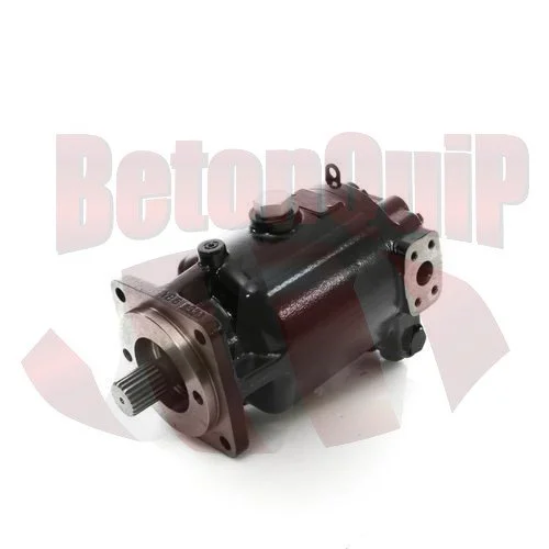 A hydraulic pump with a black body and metallic fittings, mounted on a white background.