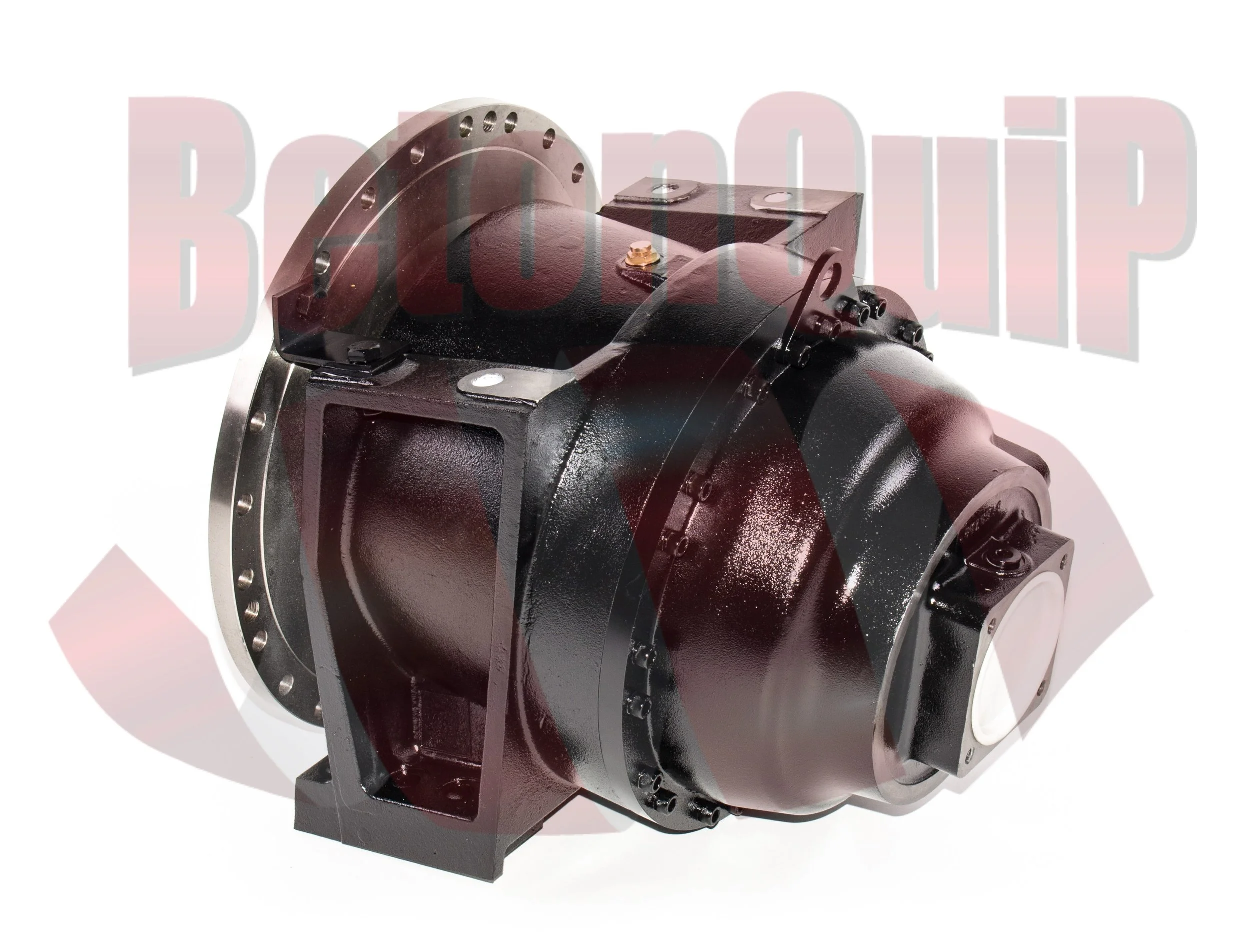 A large industrial mechanical component, possibly a gearbox or a motor part, with a cylindrical shape, metallic flange, and multiple bolts.