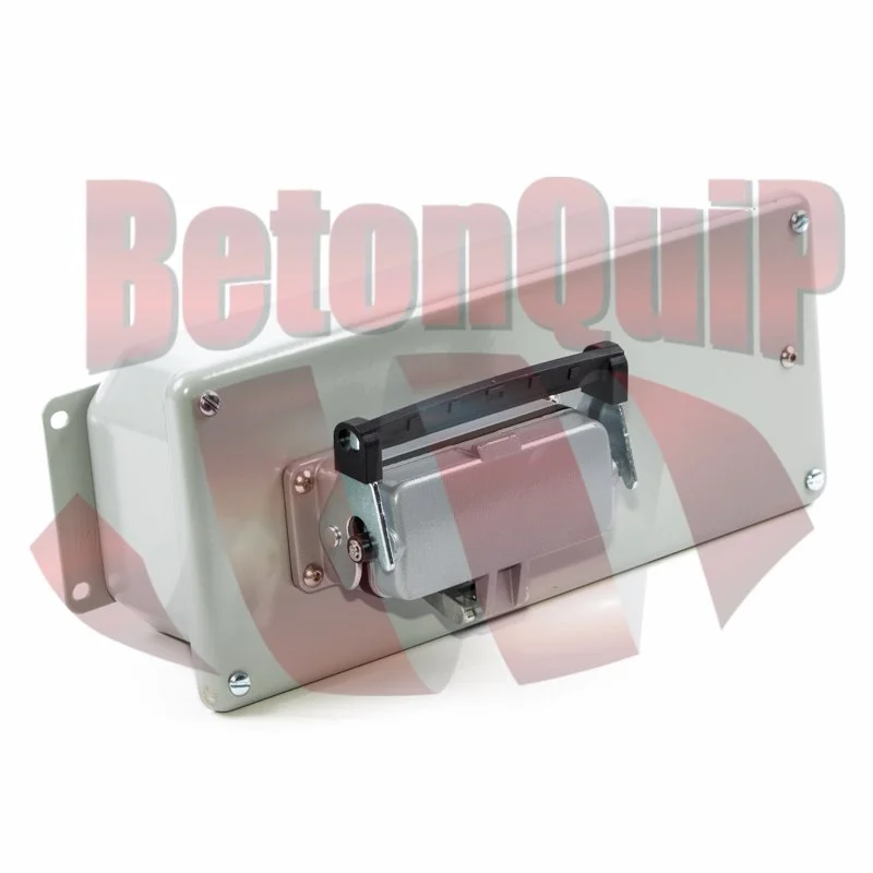 Electrical or mechanical device mounted on a white metal panel with screws, handle, and a locking mechanism.