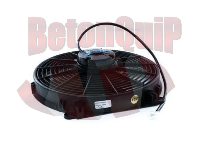 Black circular fan with a wire handle on a white background, labeled as 12V.