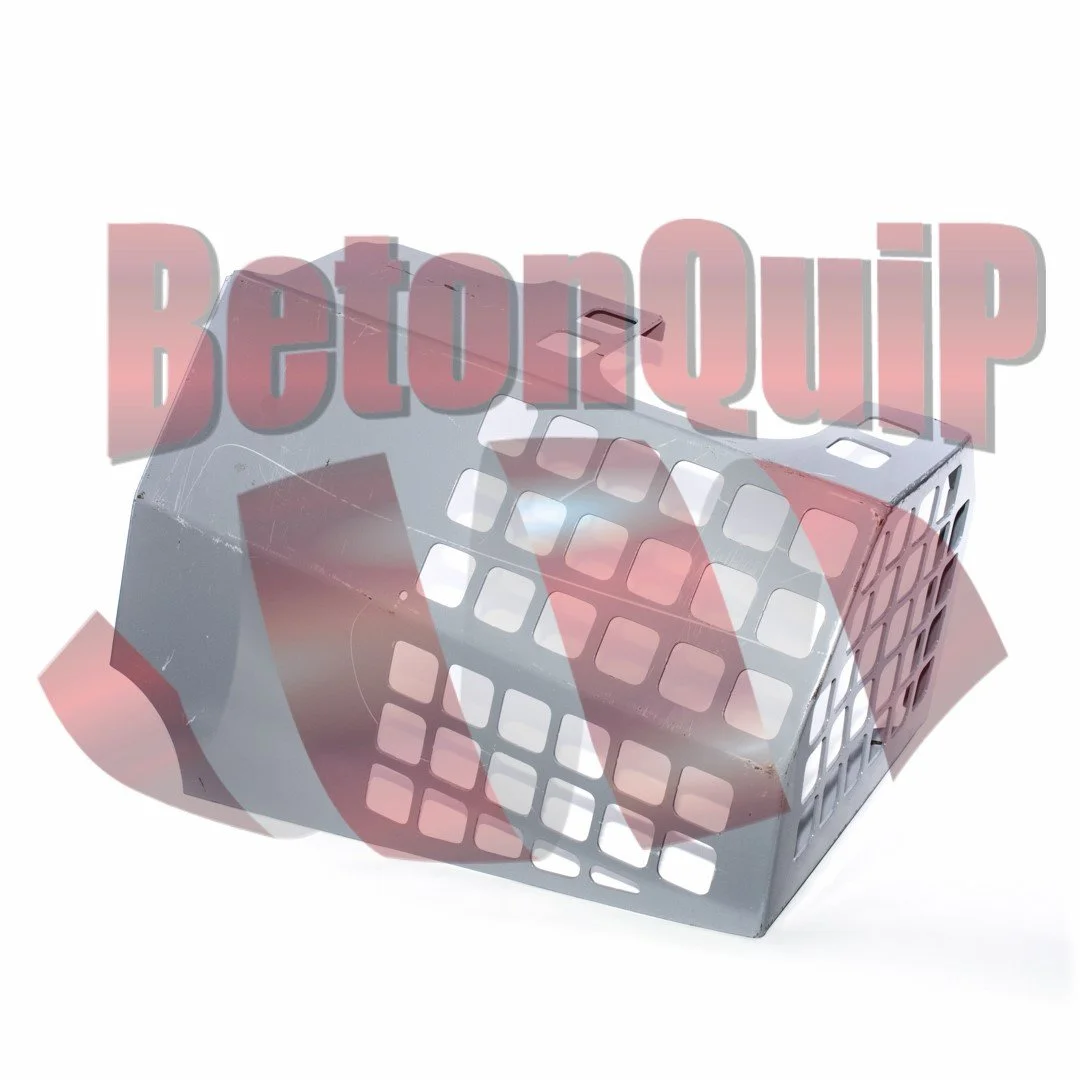 A metal cage-like object with a grid pattern on the sides, possibly a component or part of a machine
