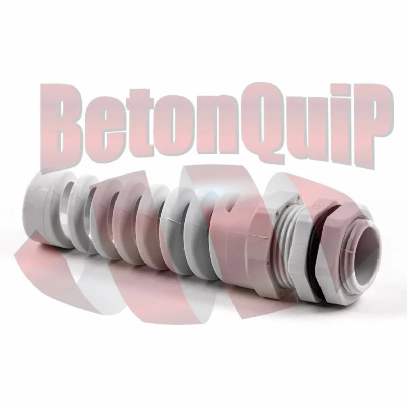 A group of plastic plumbing fittings arranged in a line with the word 'BetonQup' overlaid in large pink letters.