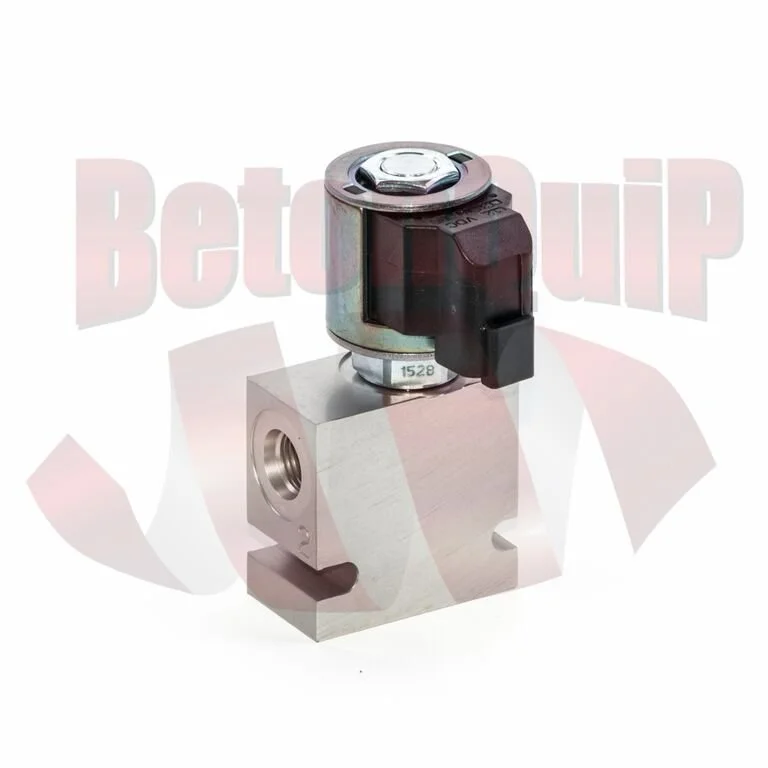 A metal valve component with a black plastic top, mounted on a metal block with a threaded hole.