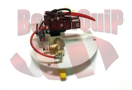 A metallic circular device with a brass valve, red and black wires, and a black component mounted on top, sitting on a white surface.