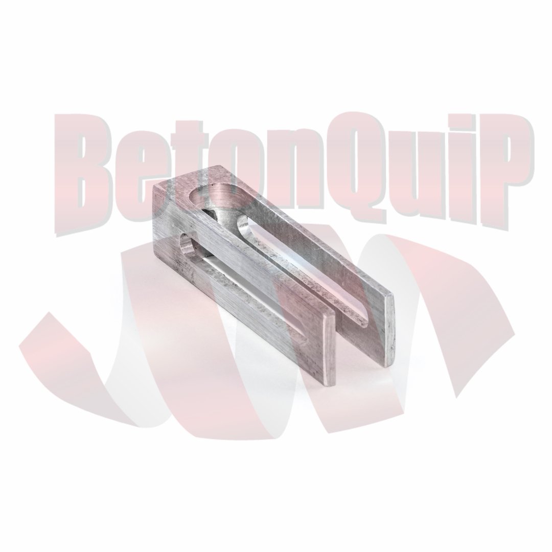 Metal part with a rectangular shape and a long slot in the middle, used in machinery or construction.