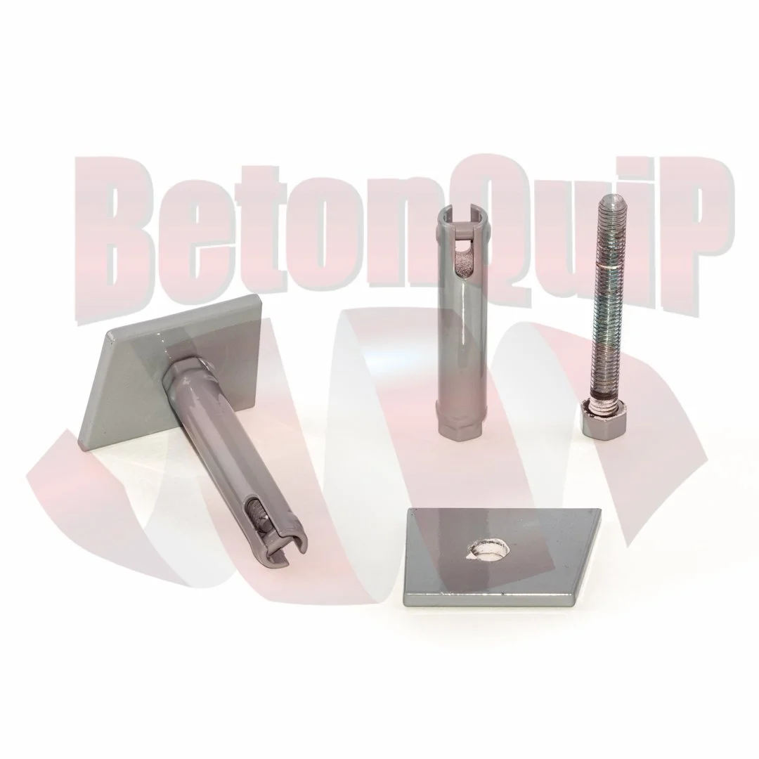 Various metallic hardware parts including a square base plate, tubes, a bolt, and a metal clamp.