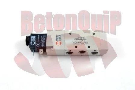 An industrial pneumatic valve with a black solenoid coil and white metal body, mounted on a white background.