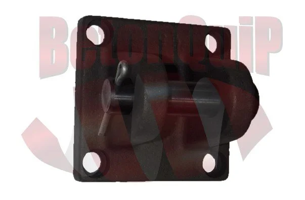 Close-up of a black metal mechanical component with a lever and mounting holes.