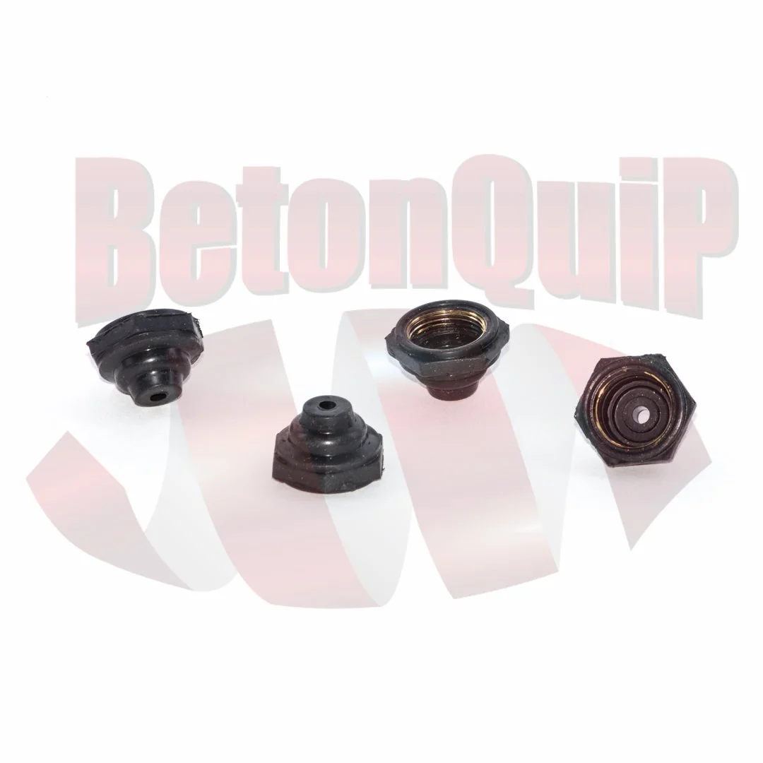 Set of four black rubber and metal automotive valve stem seals for a vehicle engine.