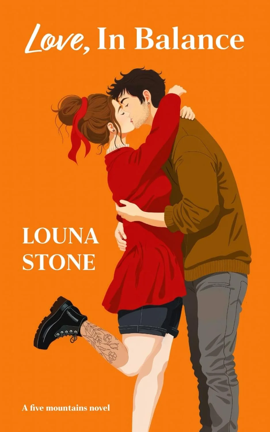 Book cover of "Love, In Balance" by Louna Stone showing a couple in an embrace, with the woman on one prosthetic leg wearing a red cardigan, shorts, and boots, and the man in a brown jacket and gray trousers/ pants, against an orange background.